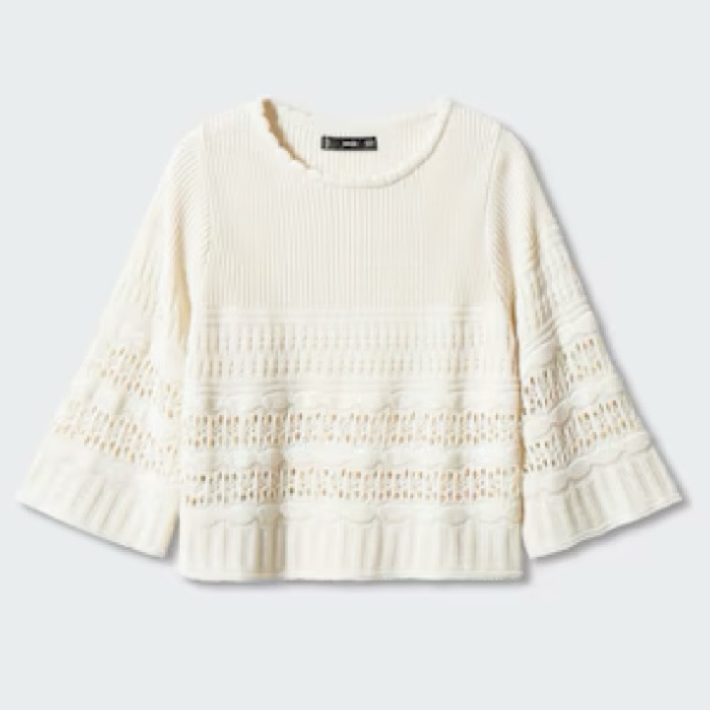 Mango Openwork Sweater with Flared Sleeves in Ecru